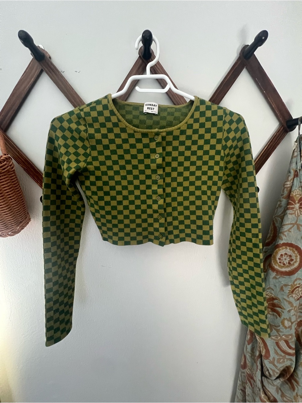 Sunday Best Olive and Dark Green Checkered Cropped Cardigan